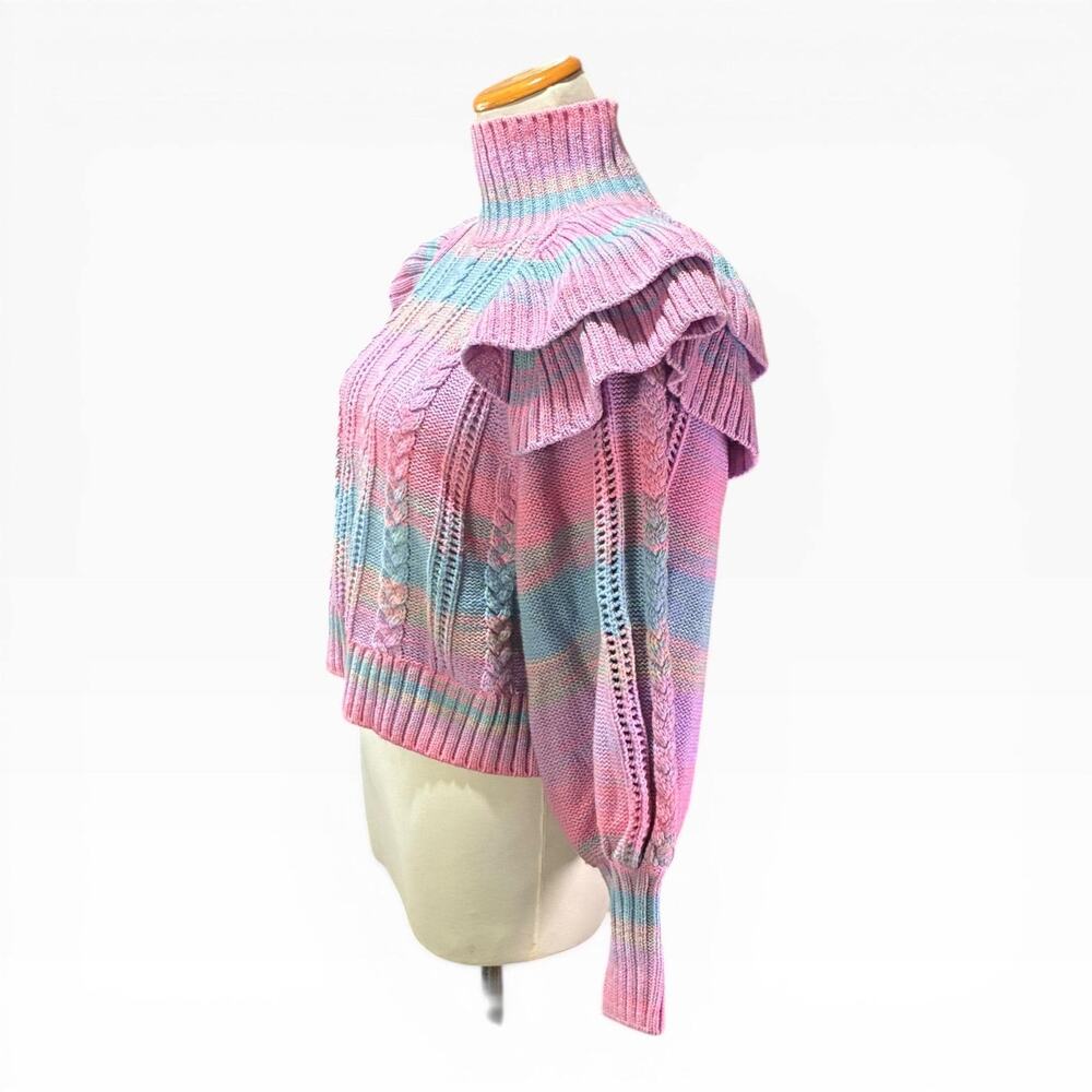 Pastel Rainbow Cable Knit Sweater XS Something Navy Ruffle Shoulder Knit Preppy - Picture 6 of 10